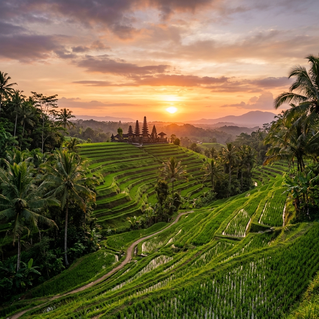 Ancient Balinese temple gate at sunrise